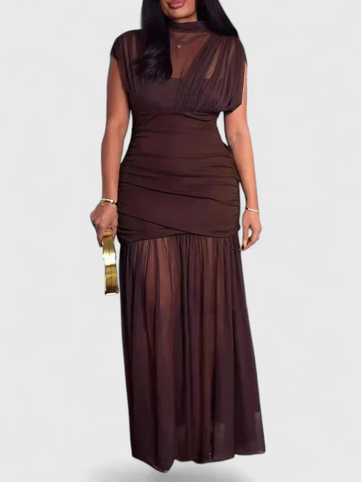 Stylish women's high-neck maxi dress, an elegant choice for evening events, parties, or summer fashion. Features rich fabric.