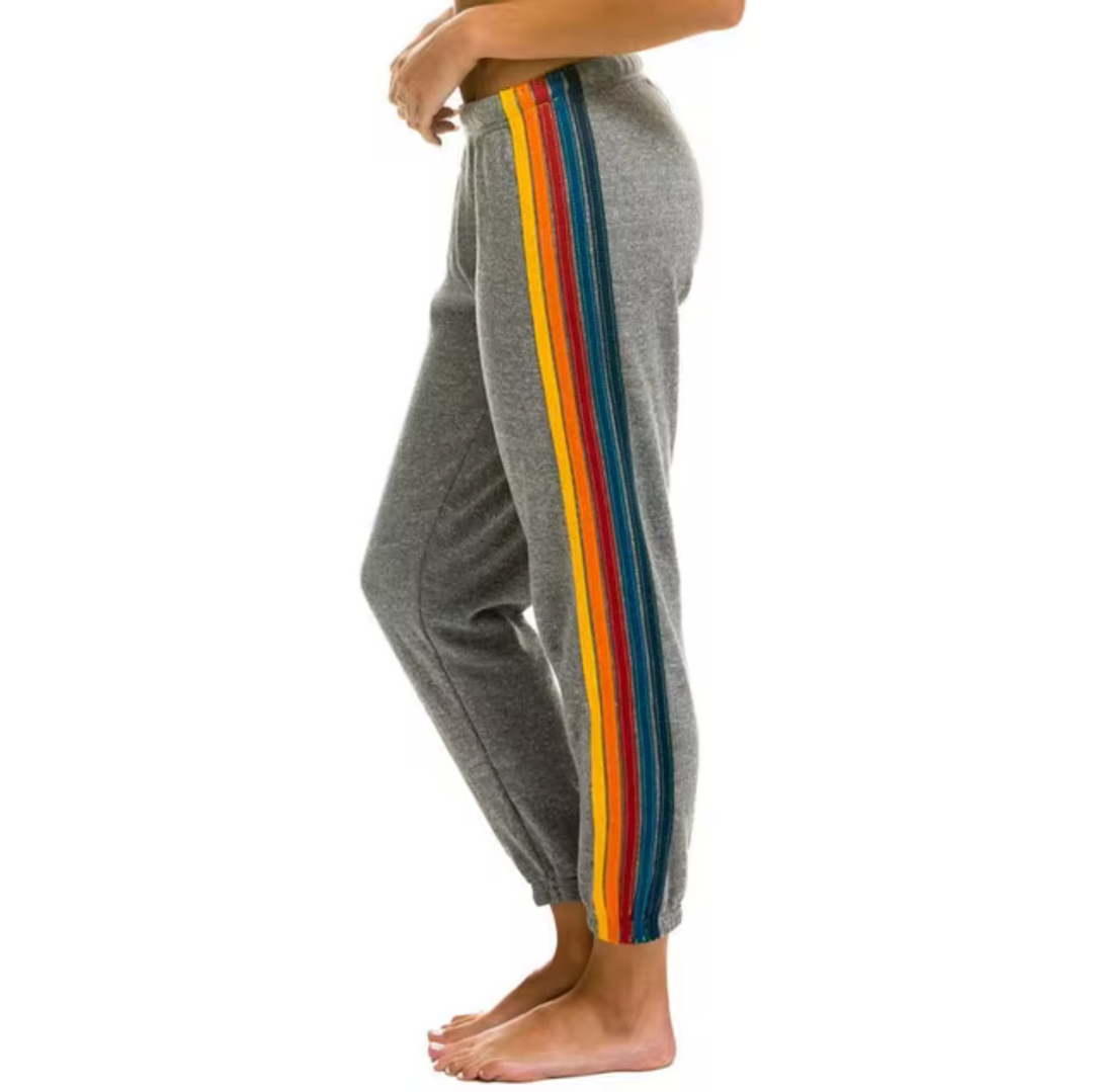 Activewear women's stretch pants with vibrant rainbow stripes for comfy casual or loungewear.