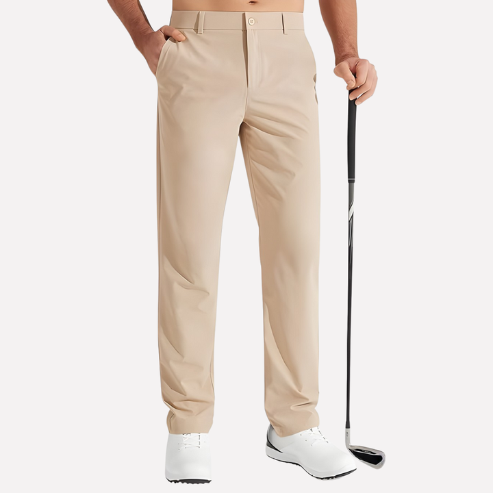 Dynamic view of men's stretch performance golf trousers, highlighting sleek fit & quick-dry fabric.