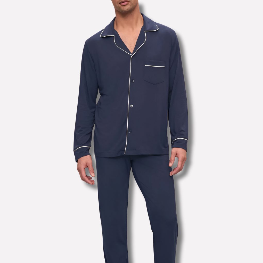 Men's comfortable cotton pajama set in navy, perfect for relaxing sleep and loungewear. Soft fabric for ultimate comfort.
