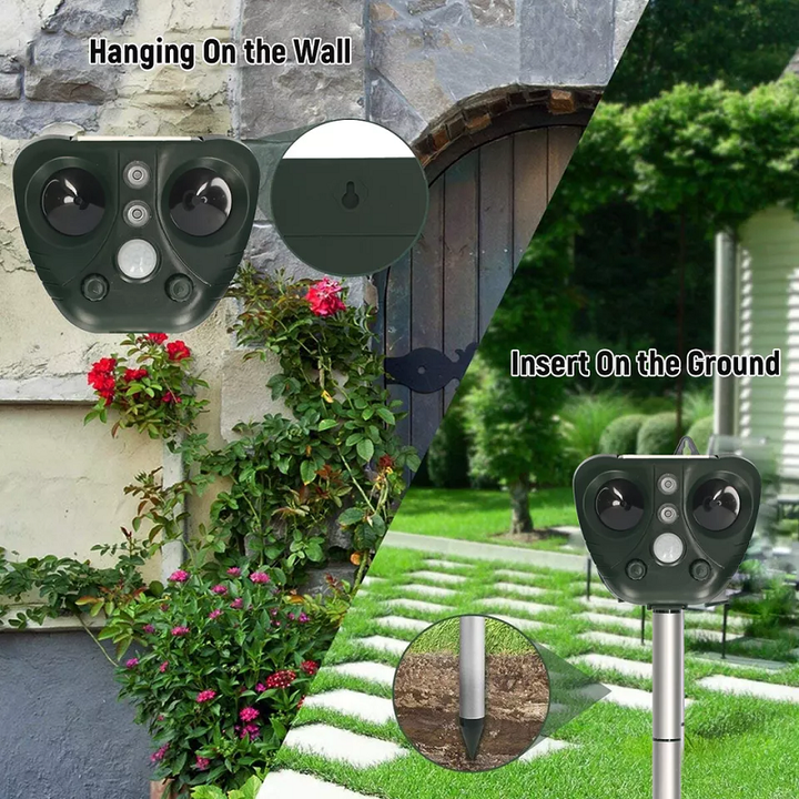 Wireless solar ultrasonic bird repeller, protects gardens & yards from pests with eco-friendly weatherproof design.