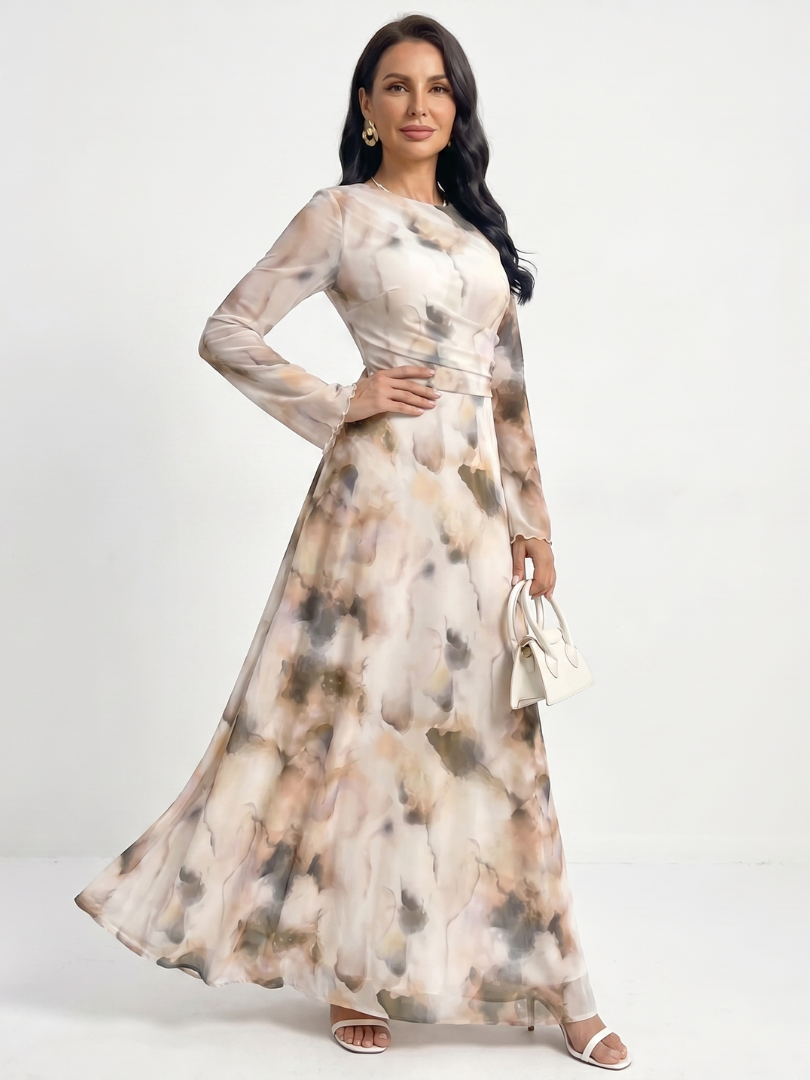 Elegant women's long sleeve abstract print maxi dress with a flattering defined waist, perfect for events.