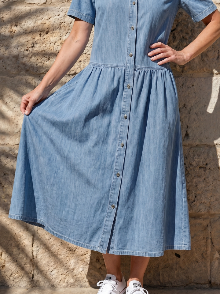 Stylish blue day midi dress for women, with elegant gathered waist, short sleeves & button-front collar.