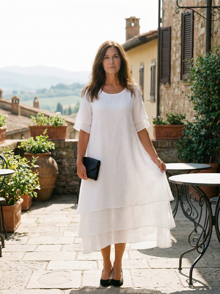 Effortless women's midi dress, relaxed fit with short sleeves & round neck, ideal for everyday comfort.