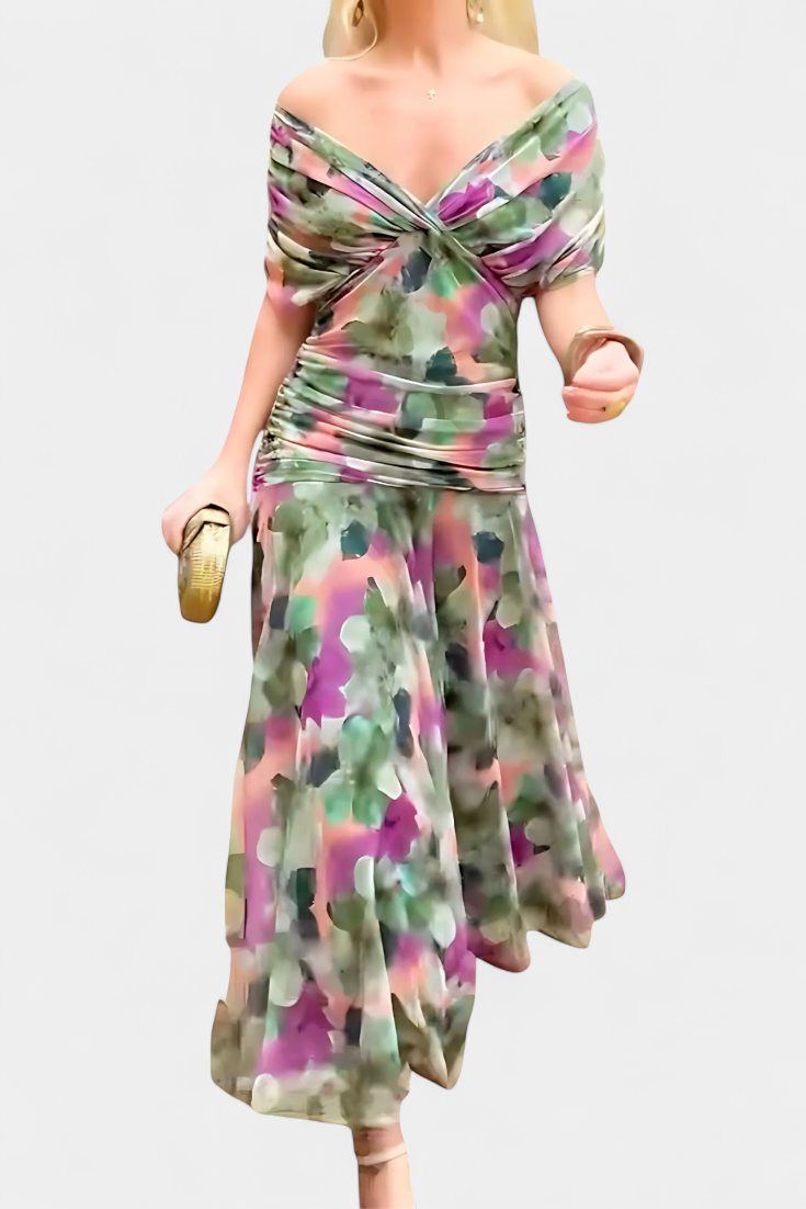 Elegant women's party dress, a stunning floral V-neck maxi for summer and evening events.