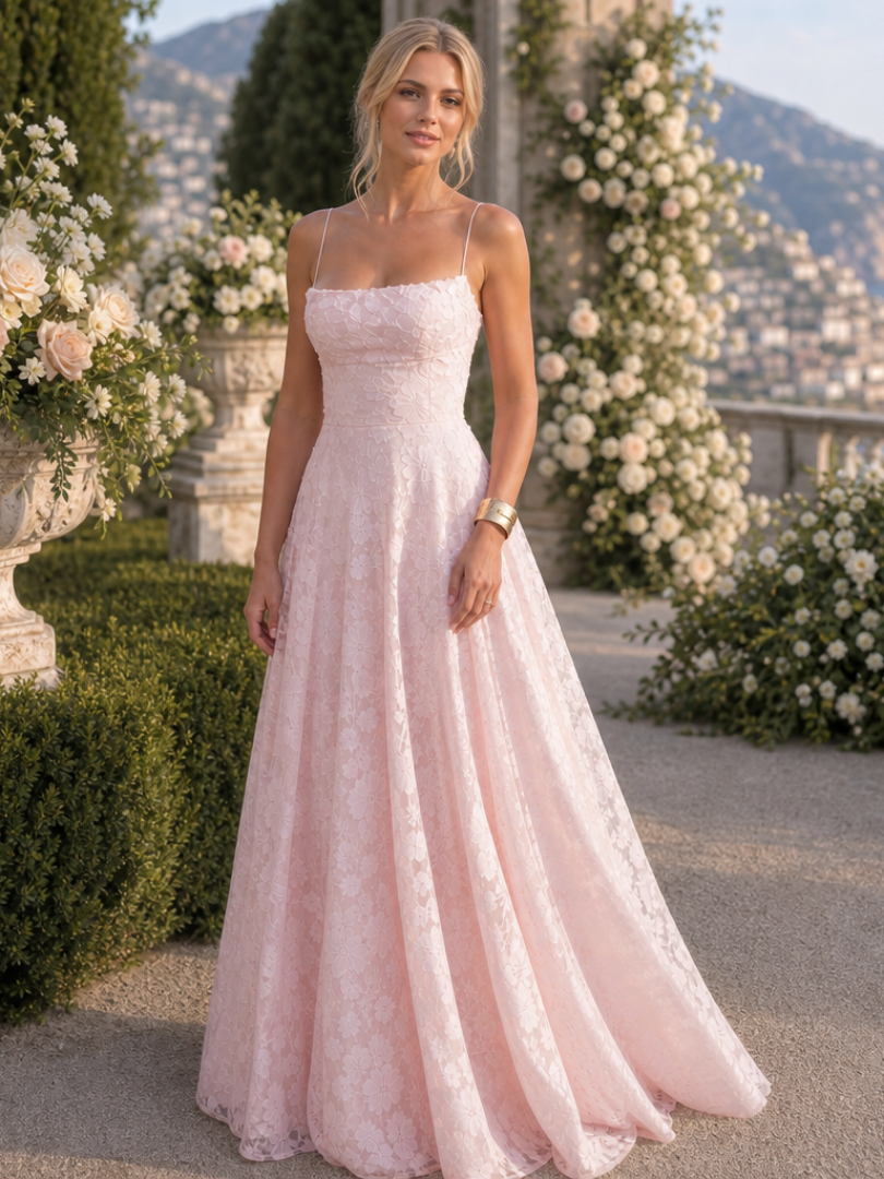 Beautiful spaghetti strap full lace maxi dress for women, ideal as a wedding guest dress or special occasion.