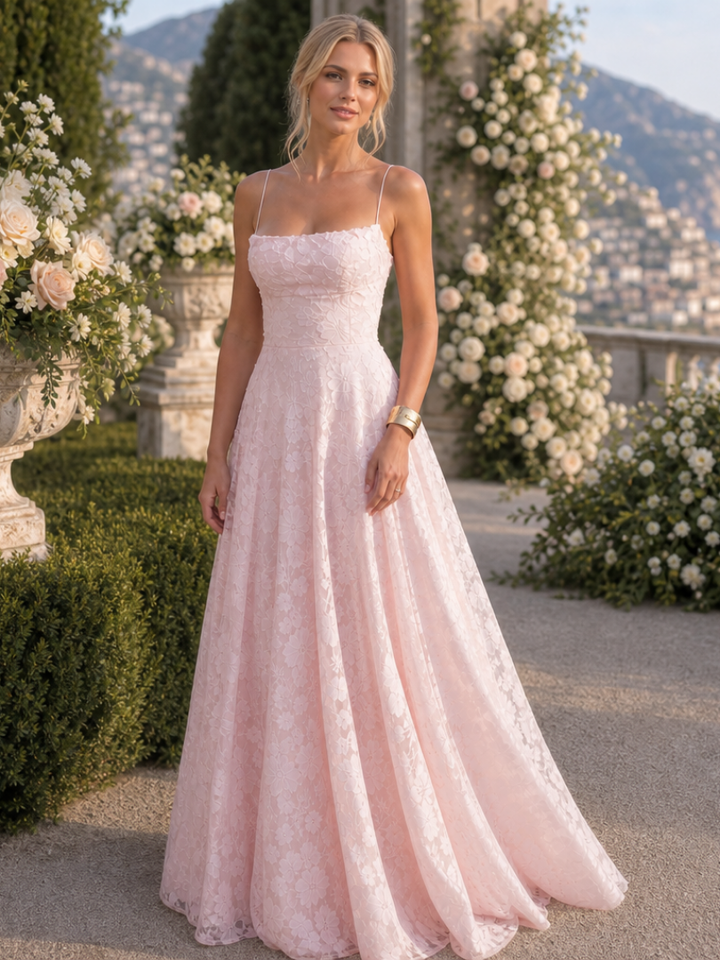 Beautiful spaghetti strap full lace maxi dress for women, ideal as a wedding guest dress or special occasion.