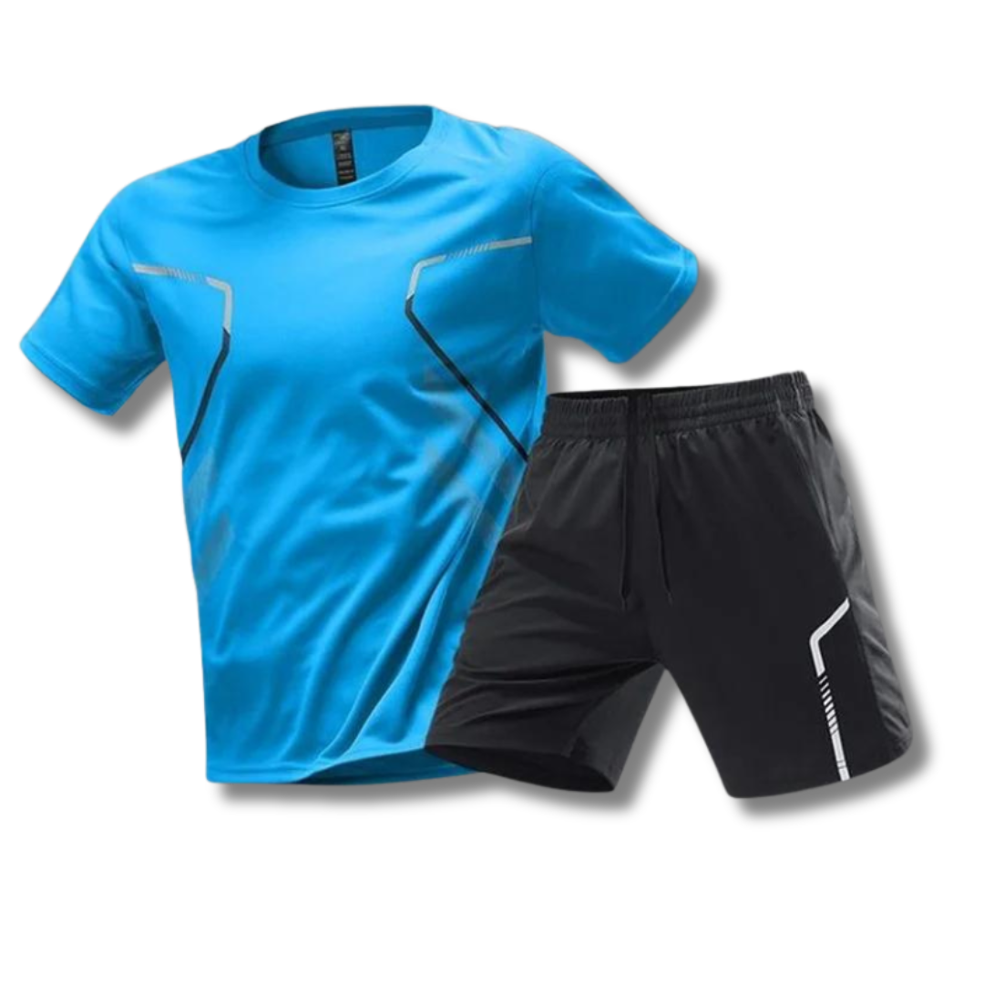 Men's workout set featuring a performance top and matching shorts. Designed for flexibility & active training sessions.