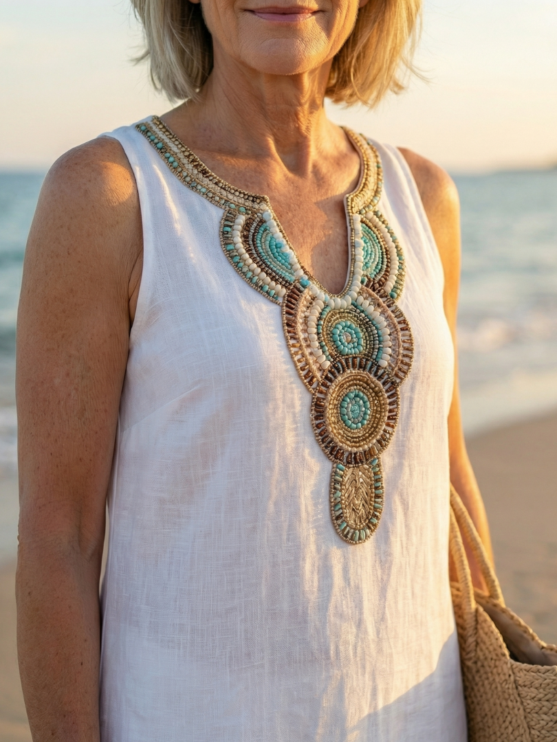 Women's embroidered sky blue midi dress with a relaxed, flowy fit. Sleeveless and comfortable for travel.