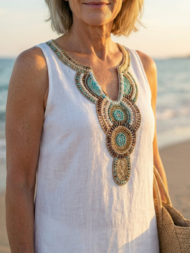 Women's embroidered sky blue midi dress with a relaxed, flowy fit. Sleeveless and comfortable for travel.