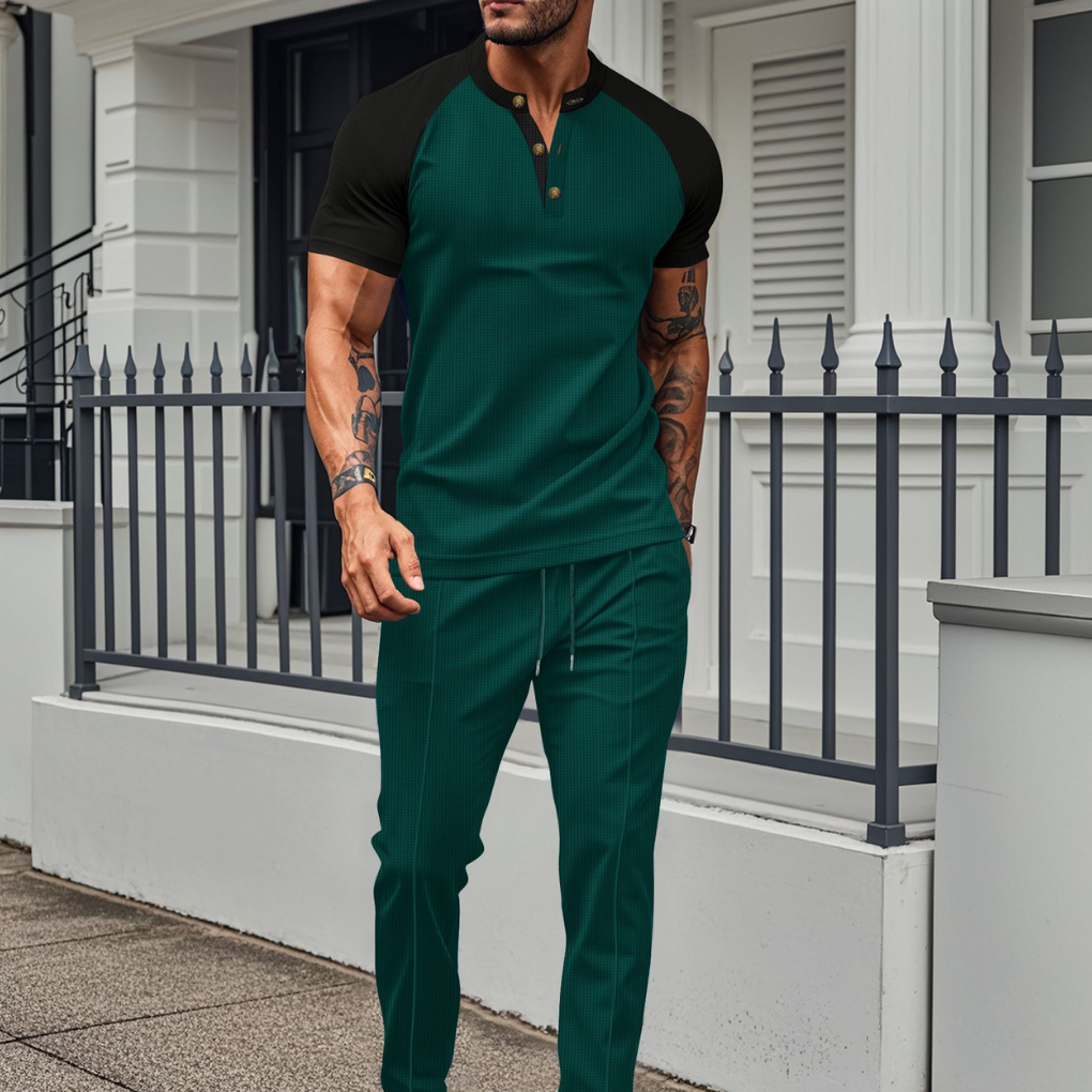 Stylish men's Henley t-shirt with contrast details, ideal for casual wear or as part of a two-piece set.