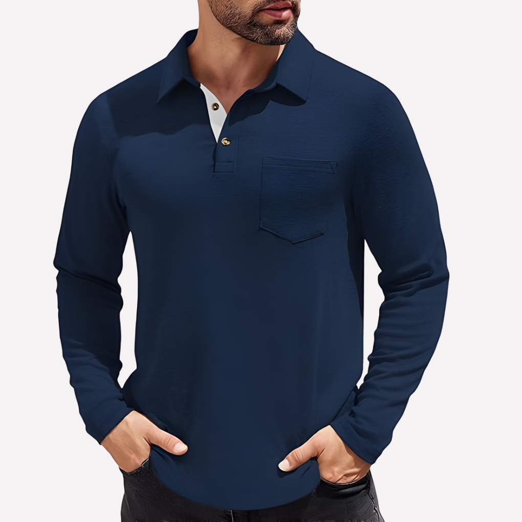 Relaxed fit men's casual long sleeve polo, classic style with practical chest pocket.