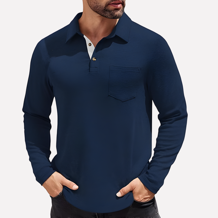 Relaxed fit men's casual long sleeve polo, classic style with practical chest pocket.