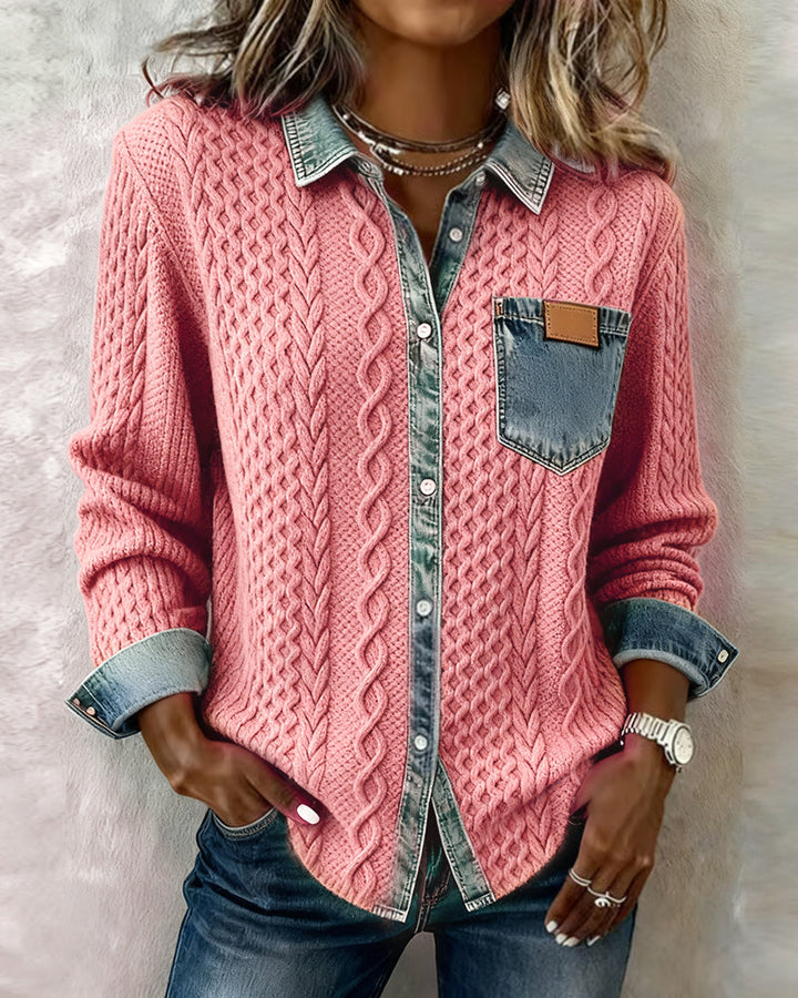 Stylish women's collared cable knit blouse with button-front closure. Textured long-sleeve top for office or casual.
