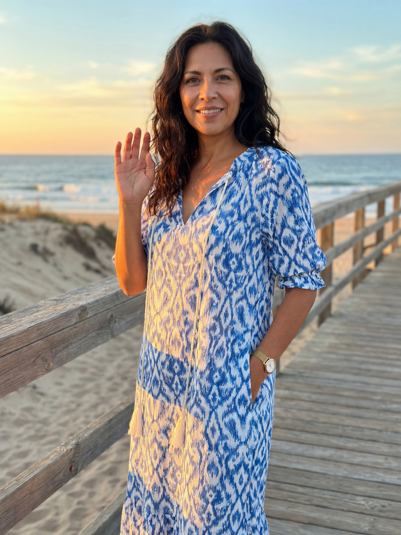 Chic women's midi dress with geometric pattern, V-neck, short sleeve. Ideal casual resort wear or summer vacation dress.