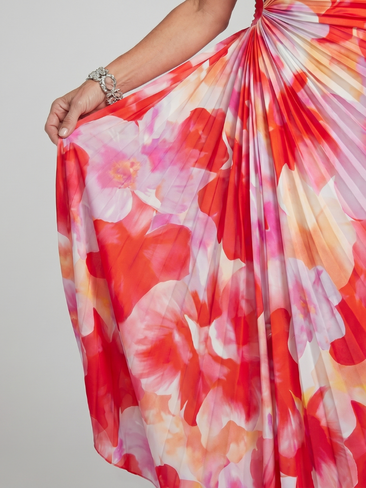 Chic one shoulder pleated midi dress for women, featuring a vibrant floral design & elegant formal style.