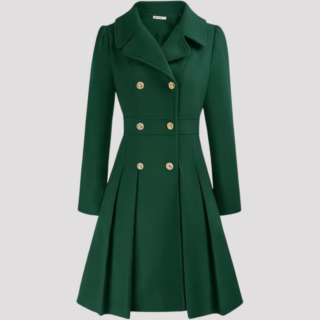 Sophisticated women's long-sleeve coat dress, tailored and double-breasted for chic office or party wear.