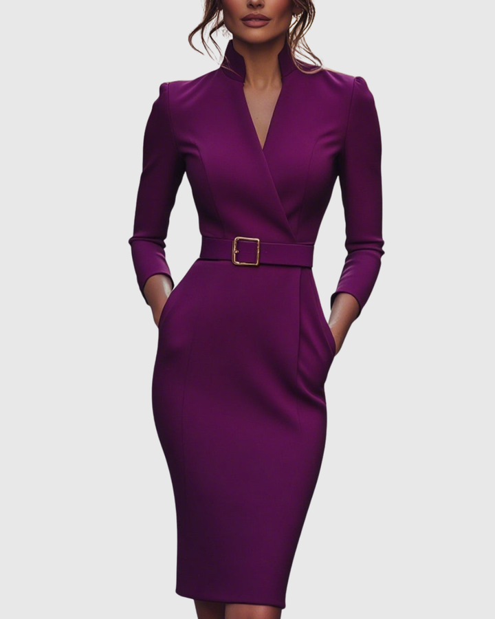 Stylish women's elegant midi dress with a comfortable mock wrap and defining belt details.