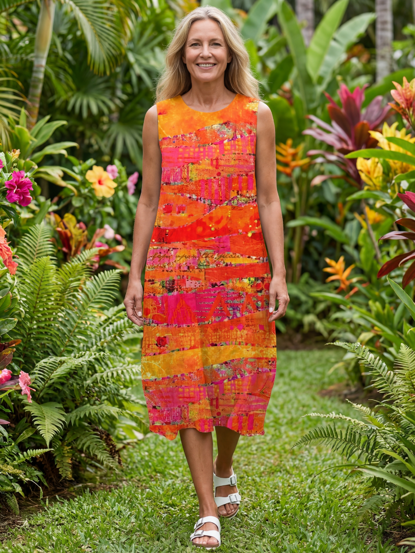 Relaxed fit women's sleeveless midi dress. Comfortable and colorful abstract summer dress for casual wear or vacation.