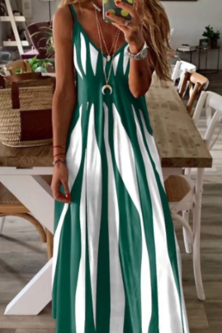 Relaxed fit sleeveless V-neck midi dress for women, ideal for vacation or comfortable everyday wear.