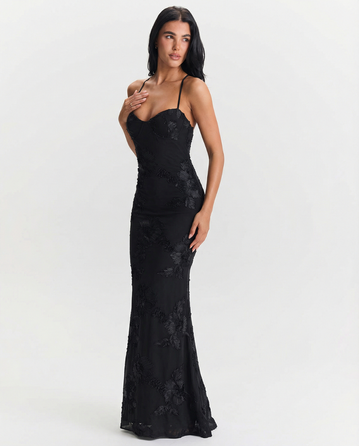 Elegant women's lace maxi evening dress with an alluring open back. Perfect for galas & formal events.