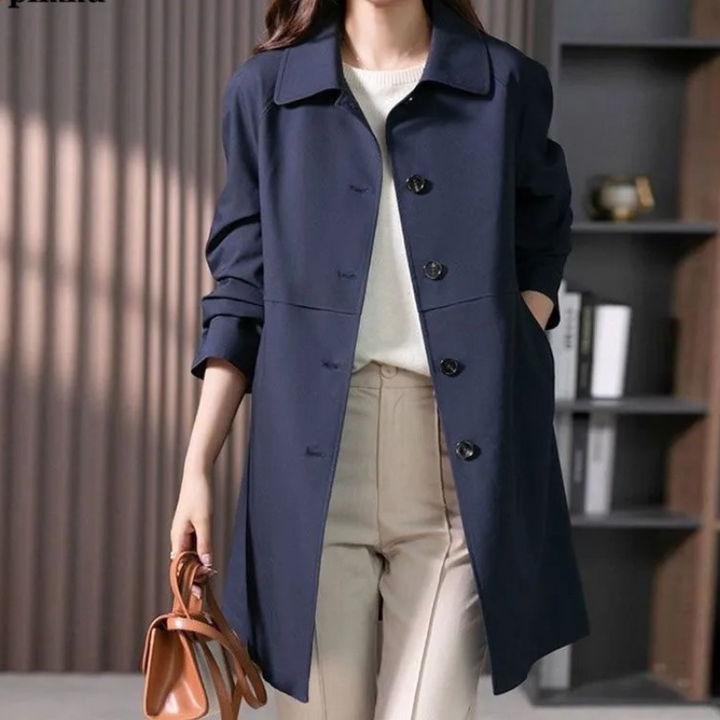 Women's classic tie-waist trench coat, elegant long outerwear for fall and spring fashion.
