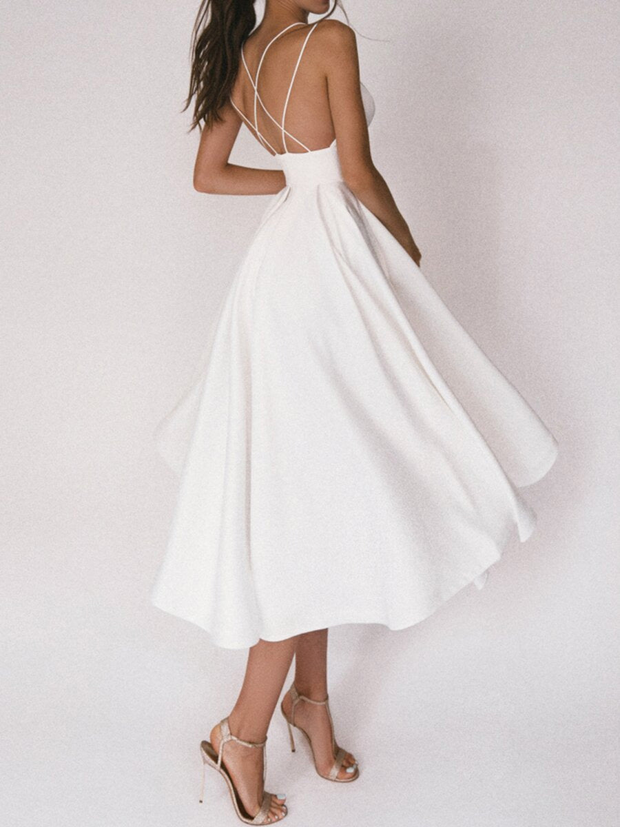 Sleeveless V-neck midi dress for women, a stylish elegant choice for formal gatherings & parties.