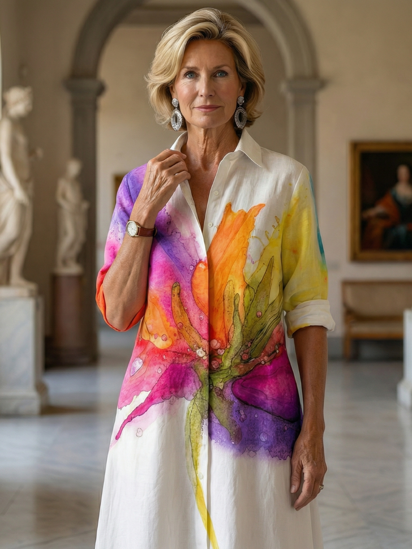 Chic women's painted garden floral midi dress, a vibrant and relaxed fit summer style perfect for casual wear.