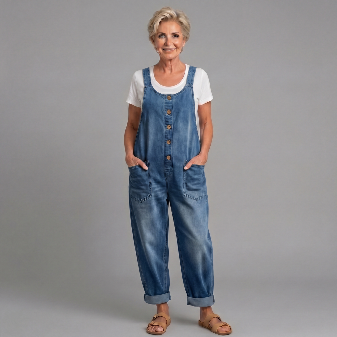 Women's relaxed fit vintage washed wide-leg denim overalls jumpsuit with adjustable straps for casual comfort.