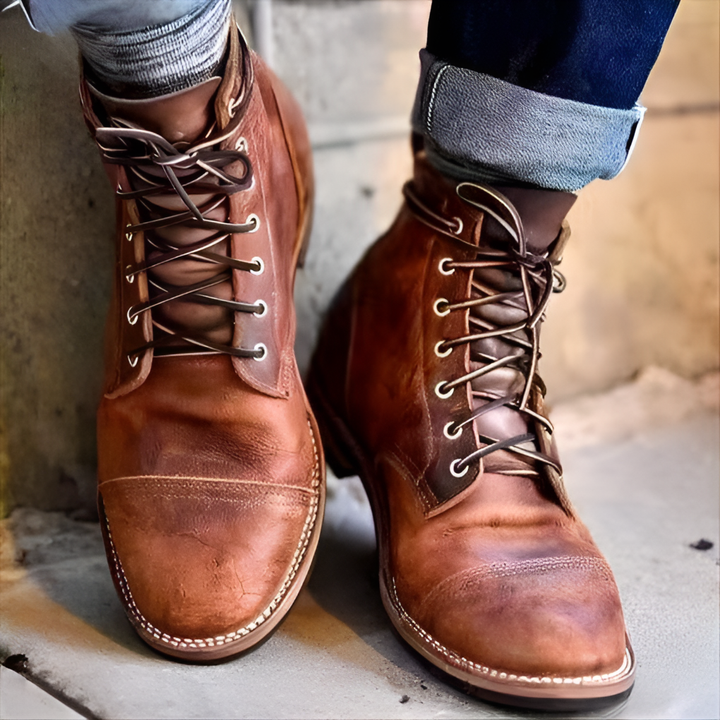 Men's classic vintage lace-up boots. Brown leather, durable for timeless style & all-day comfort. Perfect for casual wear.