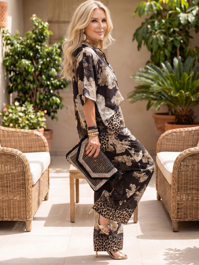 Comfortable women's printed two-piece set featuring a wrap top and wide leg trousers, ideal for chic summer wear.