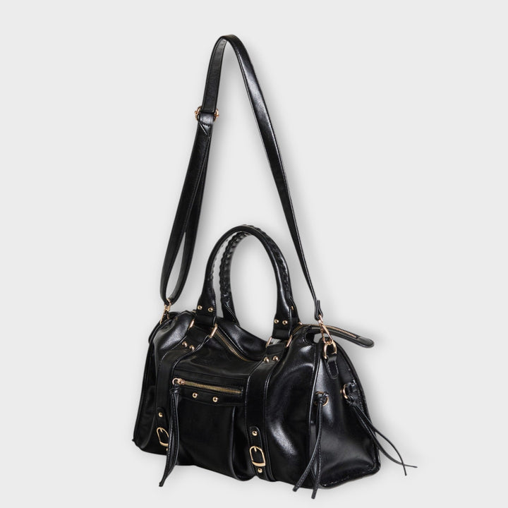 Stylish cherry red vegan leather laptop tote, a chic women's work bag with detachable crossbody strap.