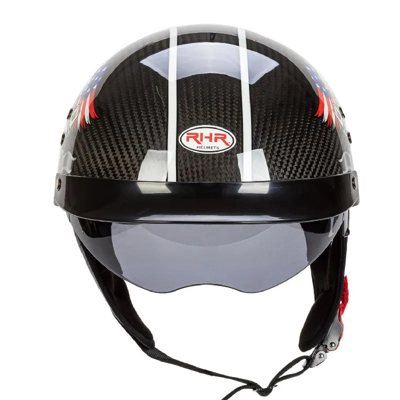 Vintage half-face motorcycle helmet in carbon look, providing retro style & essential head protection.