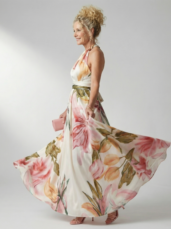Sleeveless floral maxi dress with halter neck for women. Perfect lightweight beachwear & spring fashion.