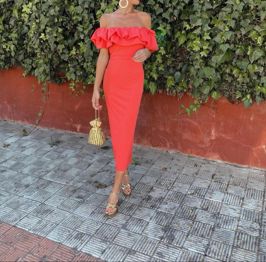 Flattering women's red sleeveless midi dress with Bardot neckline and ruffles for summer fashion.