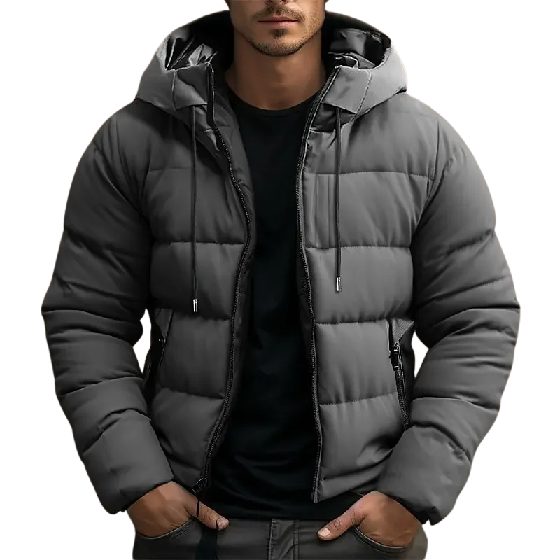 Navy blue men's warm hooded puffer jacket, ideal for cold weather outerwear.