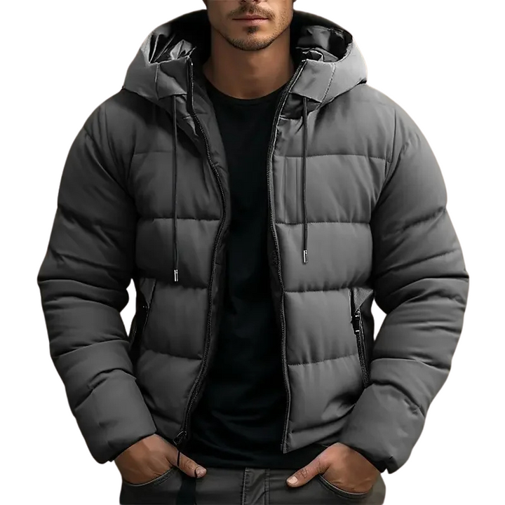 Navy blue men's warm hooded puffer jacket, ideal for cold weather outerwear.