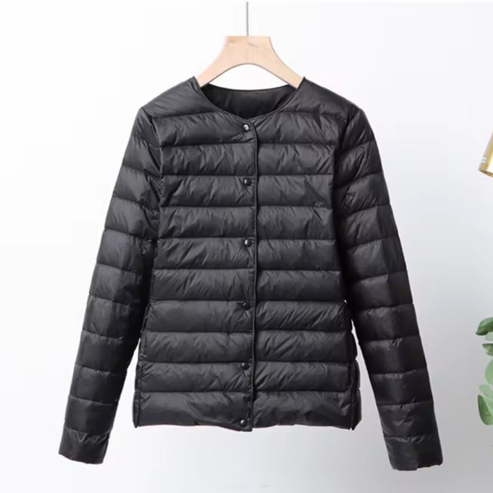 Elegant women's ultrathin puffer jacket. Versatile casual outerwear, ideal for spring & fall warmth.