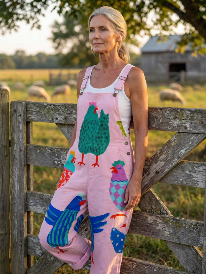 Comfortable full-length women's relaxed jumpsuit in pink, featuring a unique hen motif for easy everyday style.