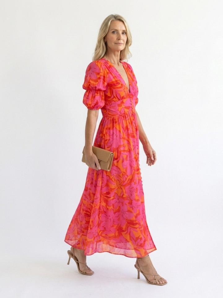 Model wears a relaxed fit pink floral V-neck midi dress with puff sleeves, ideal for a casual summer look.