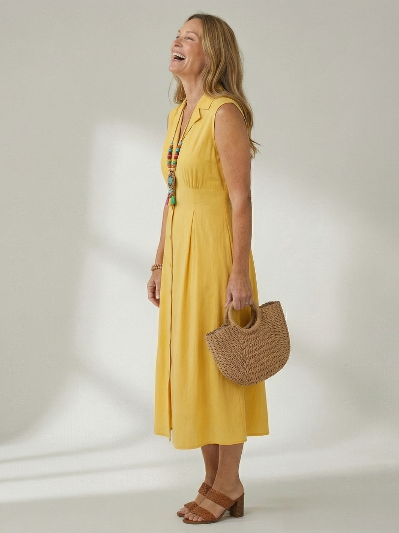 Chic women's midi dress with button front, versatile for everyday fashion.