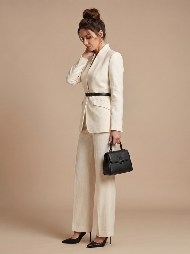 Elegant two-piece women's suit set, stand collar jacket & modern flared tailored trousers.