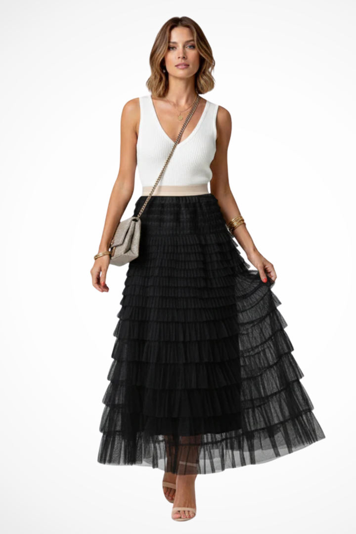 Graceful women's flowy tiered midi skirt, showcasing elegant layers & a comfortable fit for all-day wear.