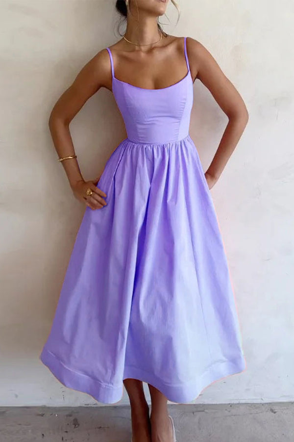 Sleeveless U-Neck Midi Cocktail Dress for women, featuring an elegant flared skirt; ideal for special occasions.