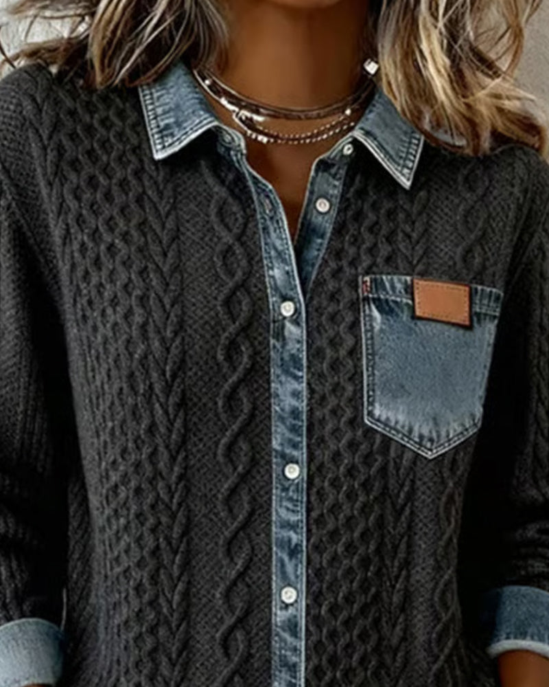 Elegant women's textured cable knit blouse. Button-front, long-sleeve top, perfect for office and sophisticated style.