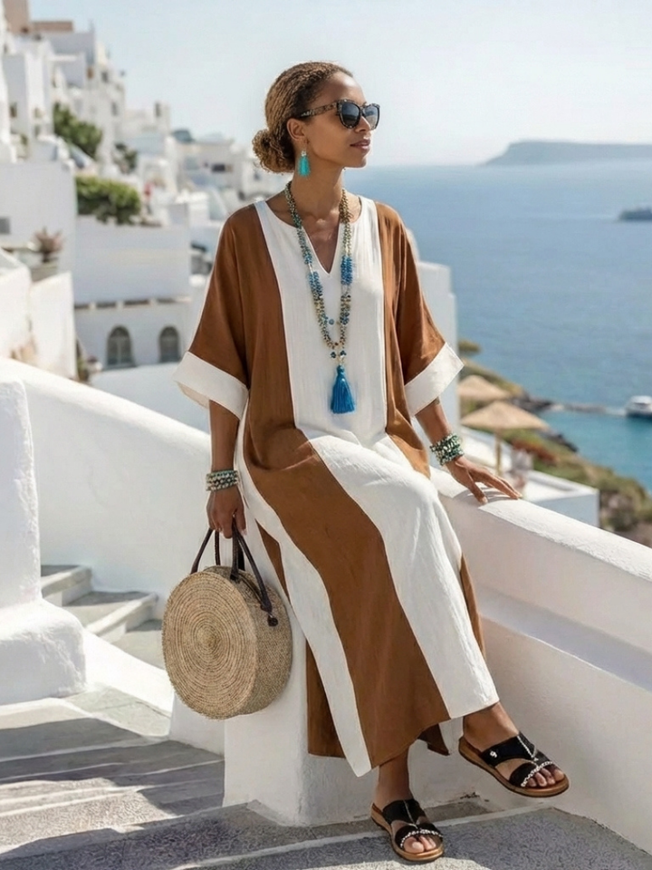 Relaxed fit women's color block maxi dress with short sleeves. Comfortable & versatile brown summer dress.