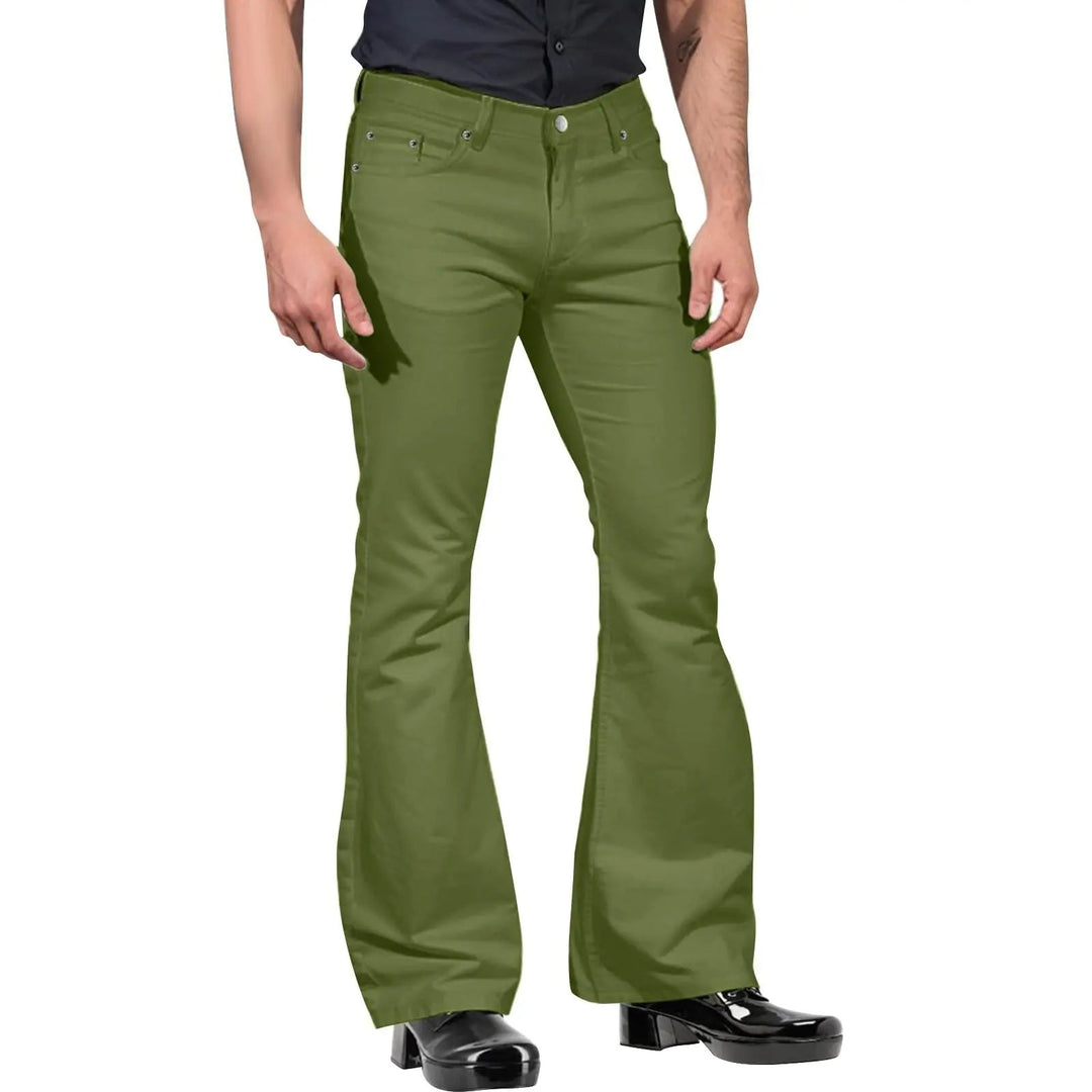 Olive green men's retro flared trousers, offering a comfortable tailored fit for smart casual or formal wear.
