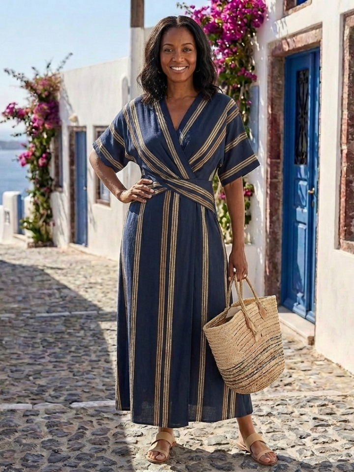 Comfortable women's short sleeve V-neck striped midi wrap dress, versatile for casual or elegant occasions.