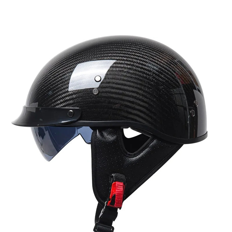 Unisex retro half-face motorcycle helmet with sleek carbon look, offering vintage style and comfort.