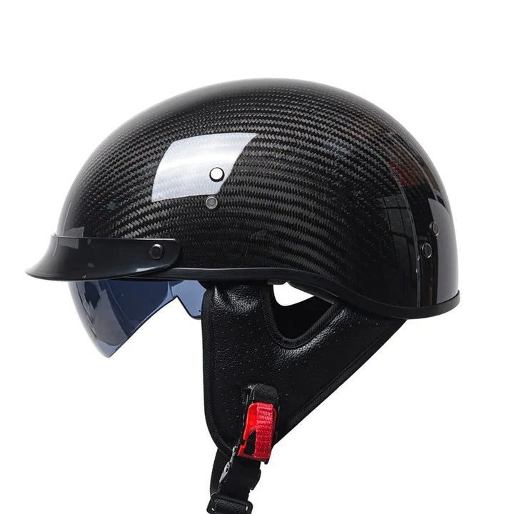 Unisex retro half-face motorcycle helmet with sleek carbon look, offering vintage style and comfort.